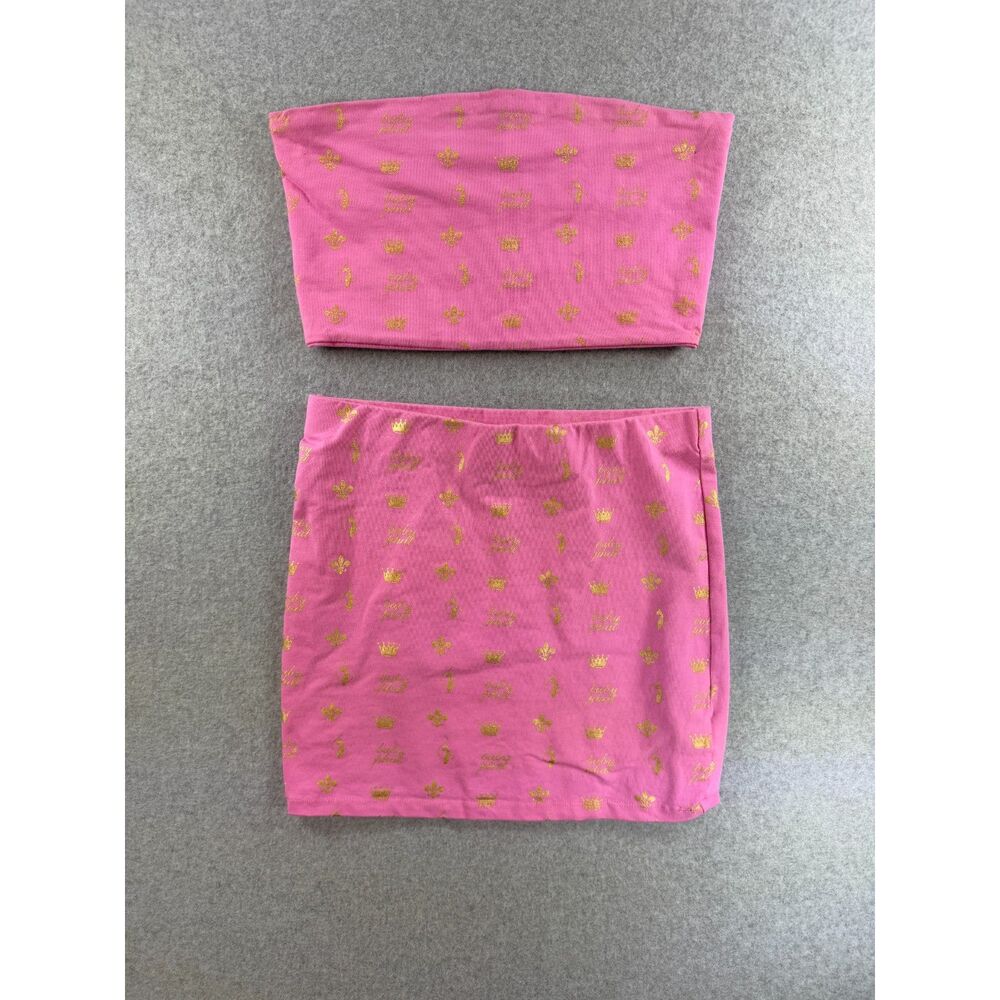 Baby Phat Pink Gold Logo Tube Top Mini Skirt 2 Piece Set Size Medium 3391